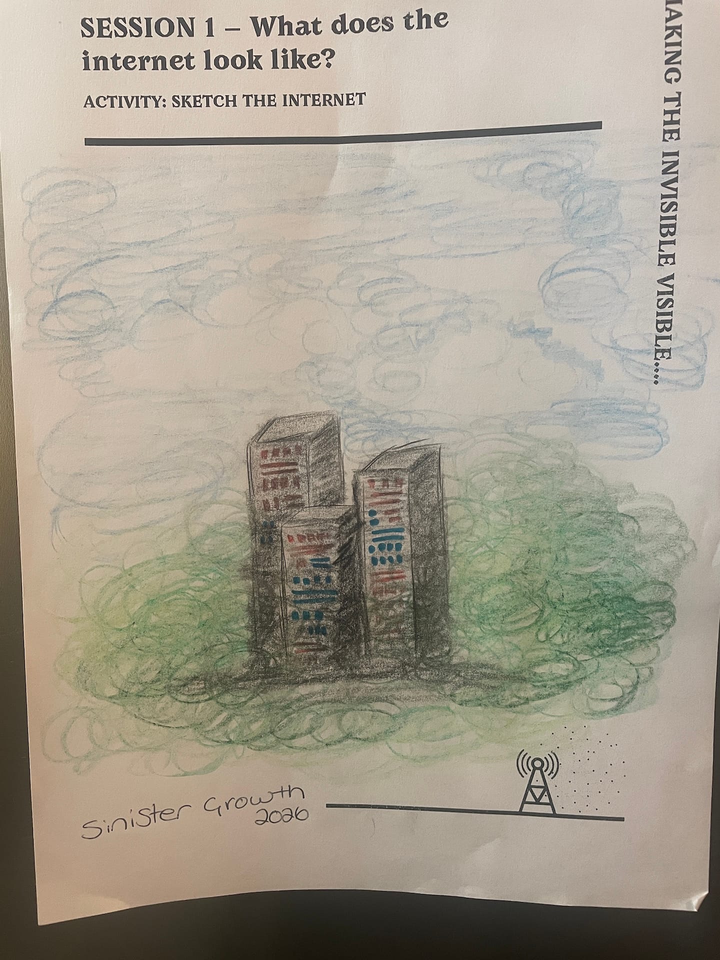 A drawing of servers, made to look like buildings in a green like landscape 