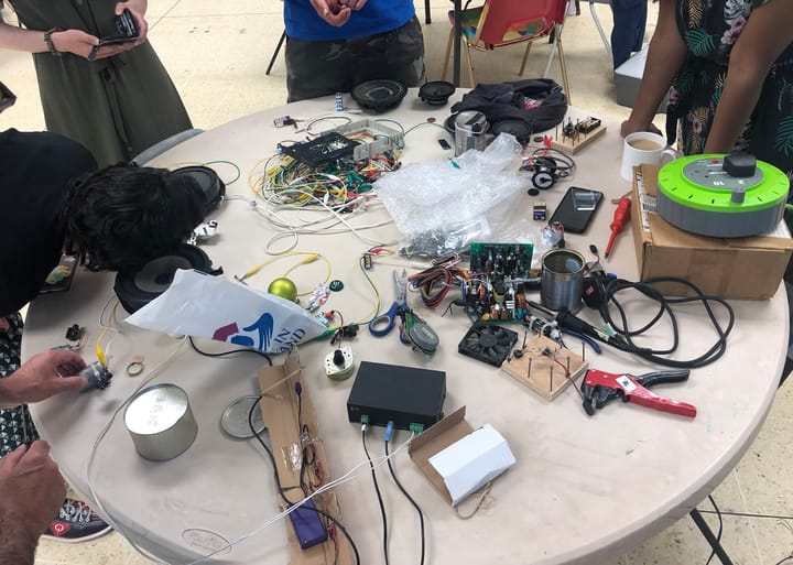 Workshop table set up with eletronic and computer parts