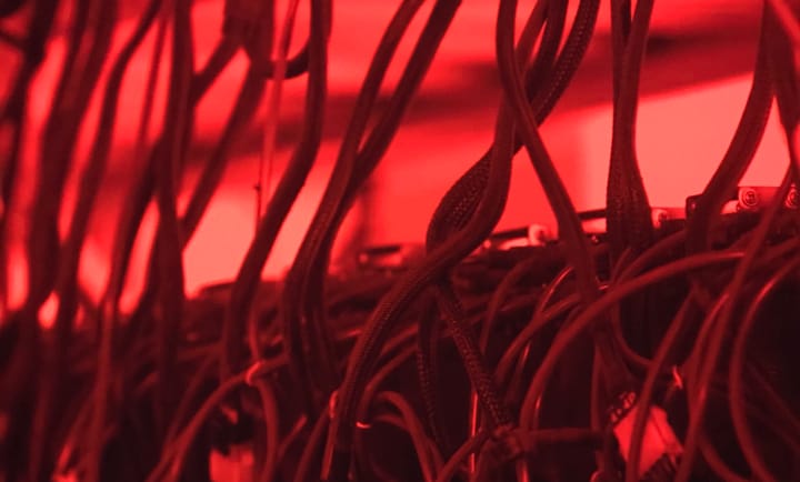 Close up of computer cables with red lighting